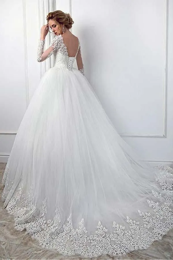 Stunning Jewel Ball Gown Long Sleeves Wedding Dress with Tulle Lace
