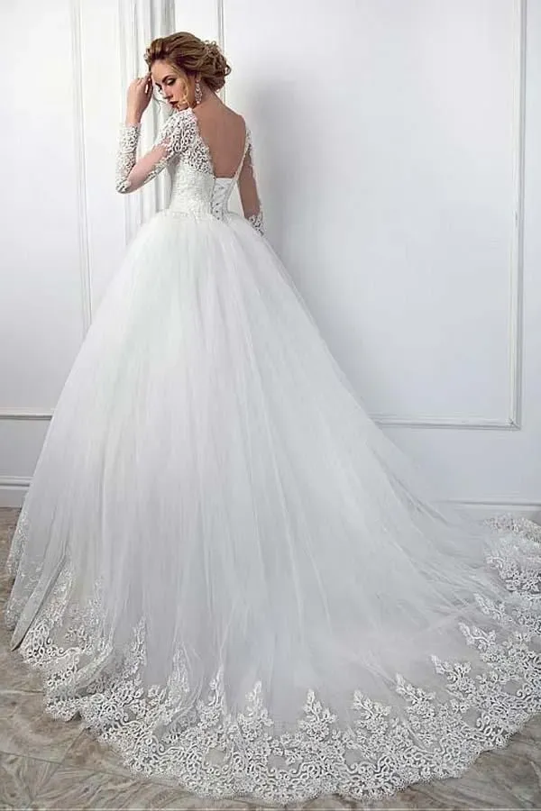 Stunning Jewel Ball Gown Long Sleeves Wedding Dress with Tulle Lace