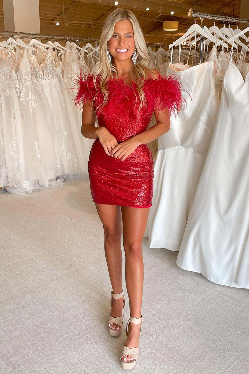 Purple Sparkly Tight Sequins Homecoming Dress with Feathers