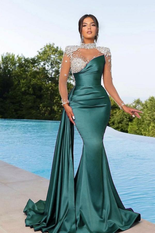 Bmbridal Green Long Sleeves Evening Dress Mermaid Crystal With Ruffle