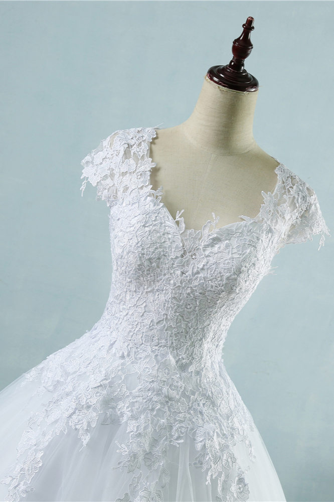 BMbridal Elegant V-Neck Tull Lace White Wedding Dress Short Sleeves Appliques Bridal Gowns Online