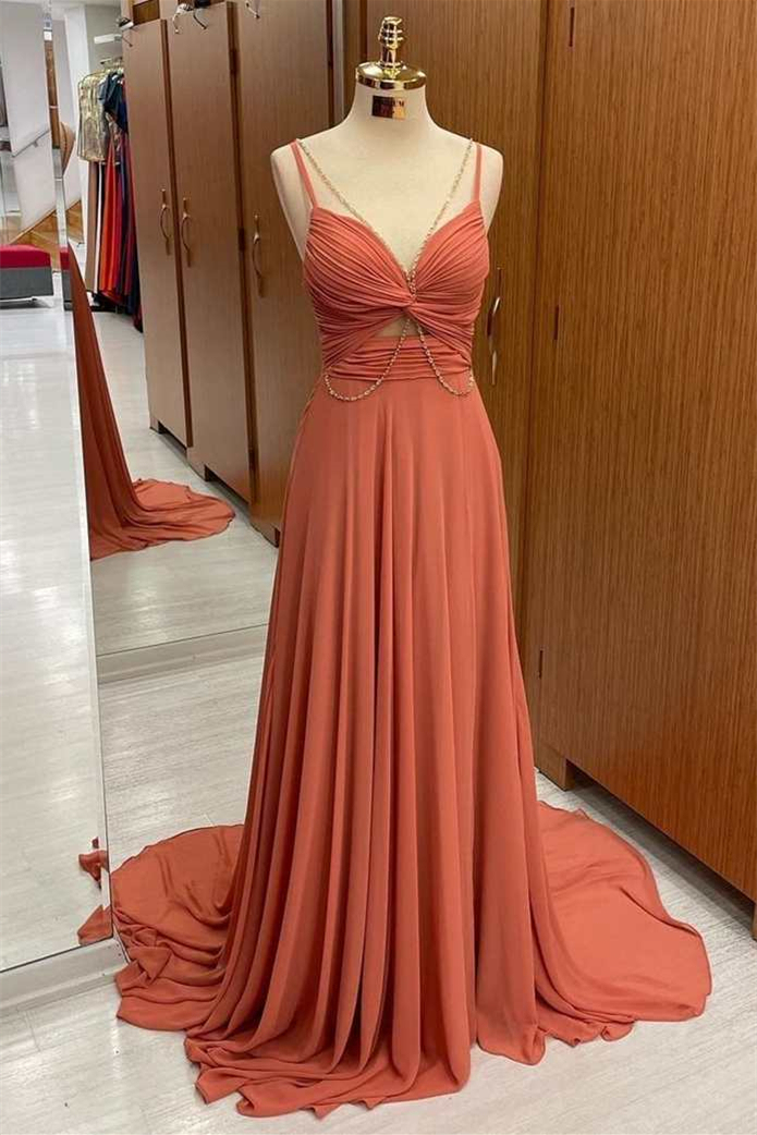 Elegant Spaghetti-Straps Sleeveless Chiffon Prom Dress A-Line With Pleats