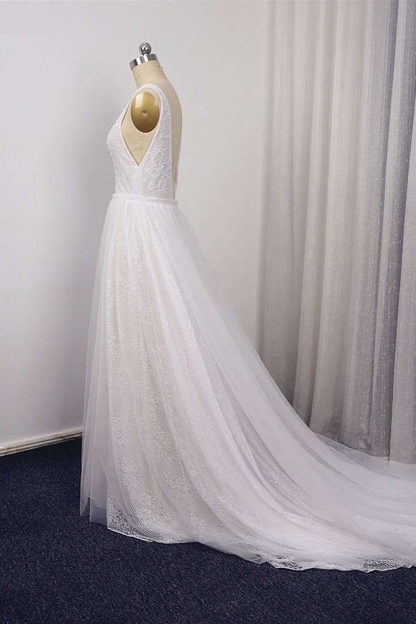BMbridal Chic Straps V-Neck White Tulle Lace Wedding Dress Sleeveless Ruffles Bridal Gowns On Sale-BMbridal