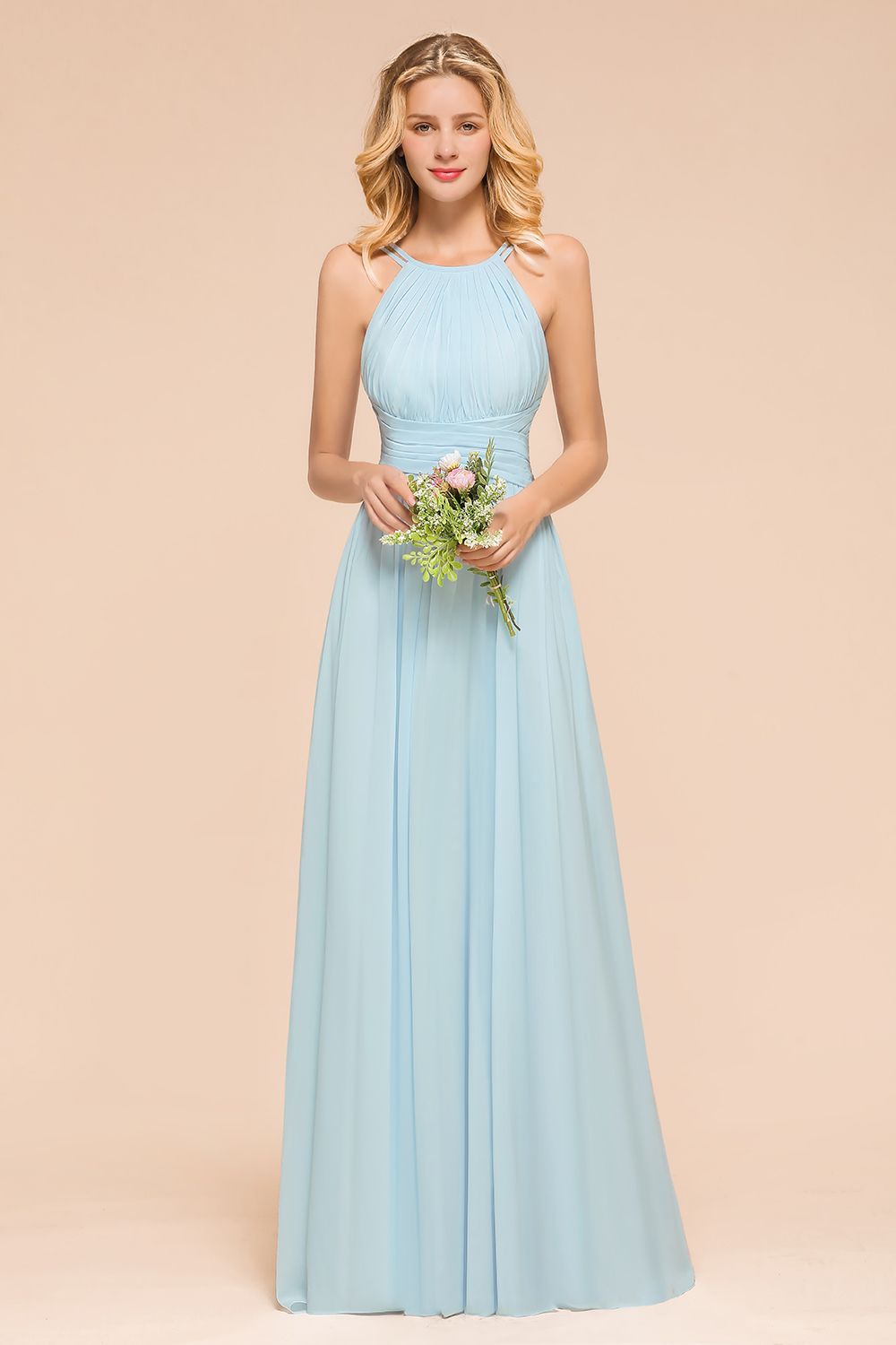 BMbridal Gorgeous Halter Ruffle Sky Blue Affordable Bridesmaid Dress-BMbridal