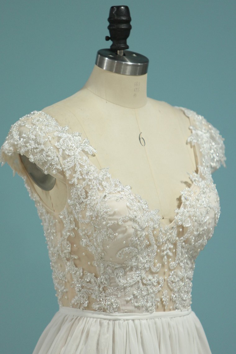 BMbridal Simple Chiffon Ruffles Lace Wedding Dress Appliques Cap Sleeves V-neck Beadings Bridal Gowns On Sale-BMbridal
