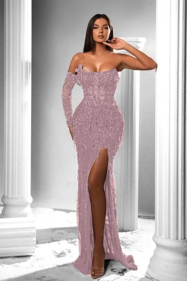 Strapless Long Sleeve High Split Long Prom Dress With Appliques