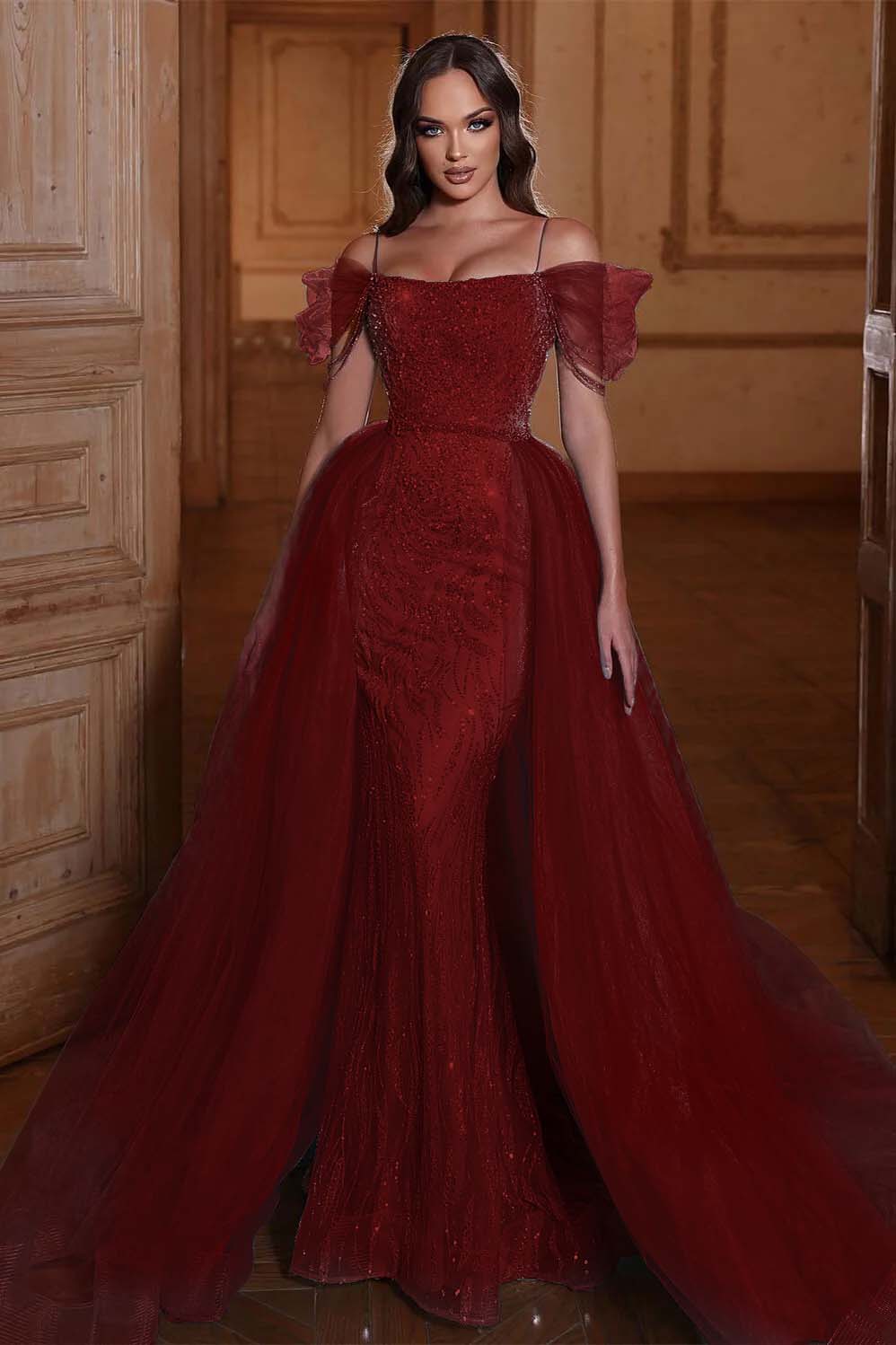 Off the Shoulder Mermaid Prom Dress Tulle Ruffles With Appliques