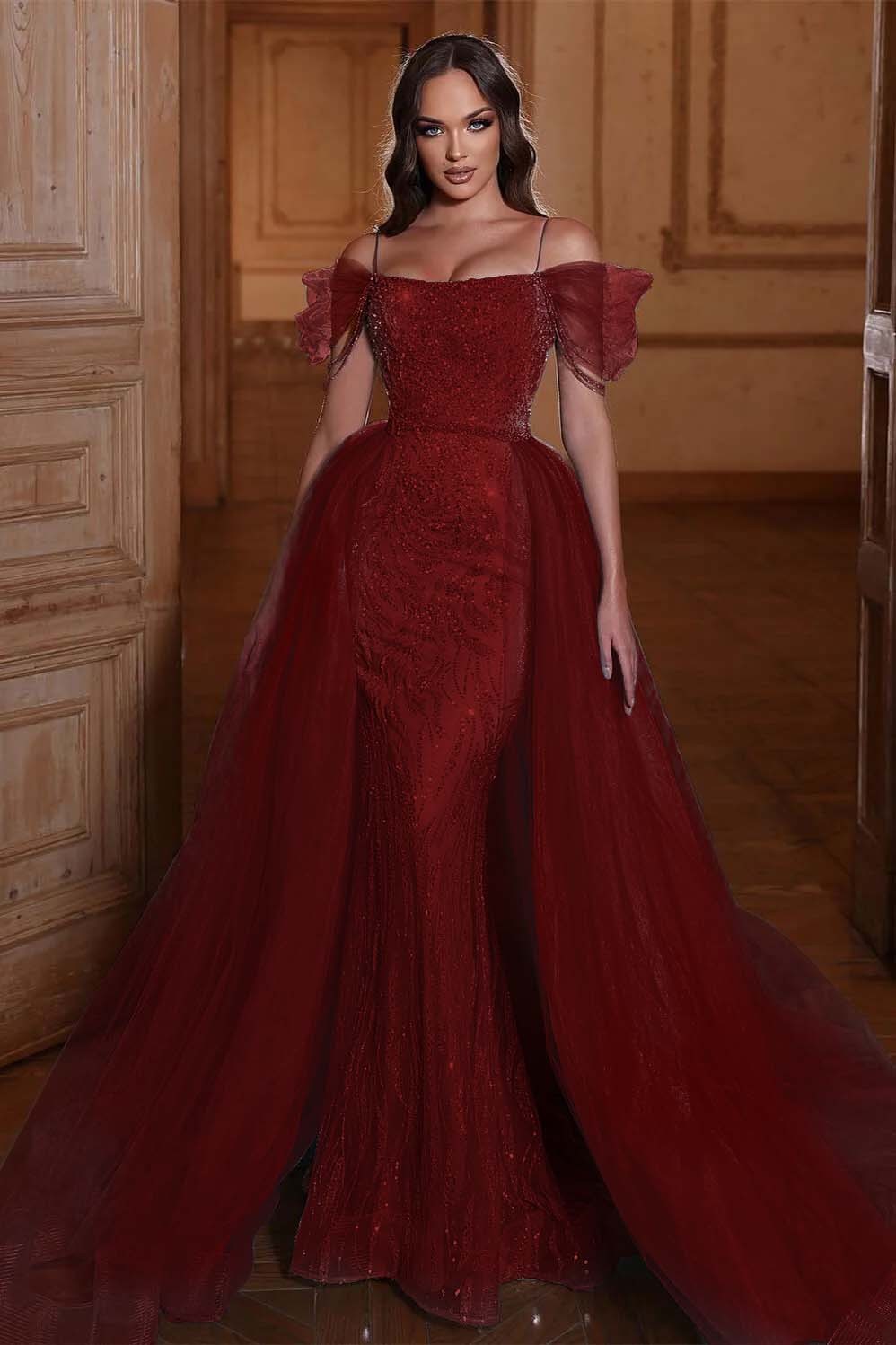 Off the Shoulder Mermaid Prom Dress Tulle Ruffles With Appliques