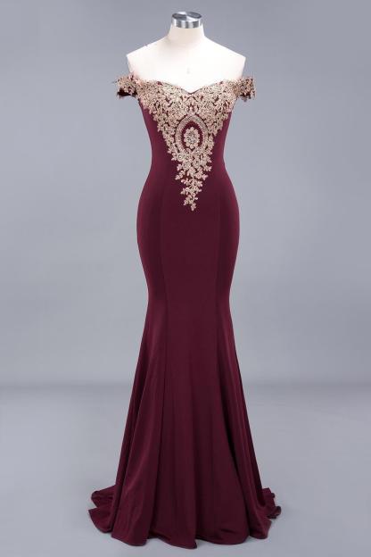 BMbridal Elegant Off-the-Shoulder Mermaid Prom Dress Long With Lace Appliques