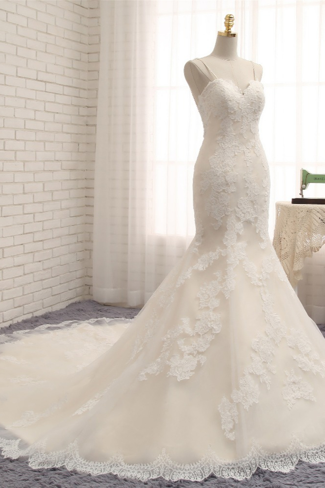 BMbridal Sexy Spaghetti Straps Mermaid Wedding Dresses Sleeveless Lace Bridal Gowns With Appliques Online-BMbridal