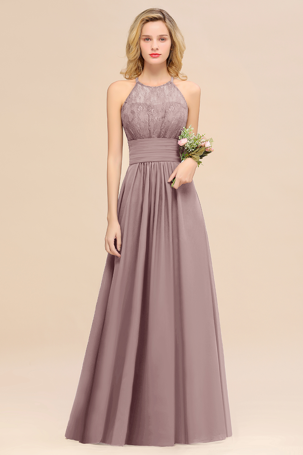 BMbridal Elegant Halter Ruffles Sleeveless Grape Lace Bridesmaid Dresses Affordable-BMbridal