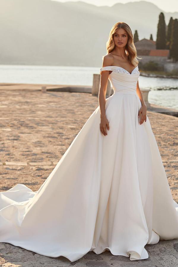 Bmbridal Off-the-Shoulder Satin Wedding Dress Princess Long-BMbridal