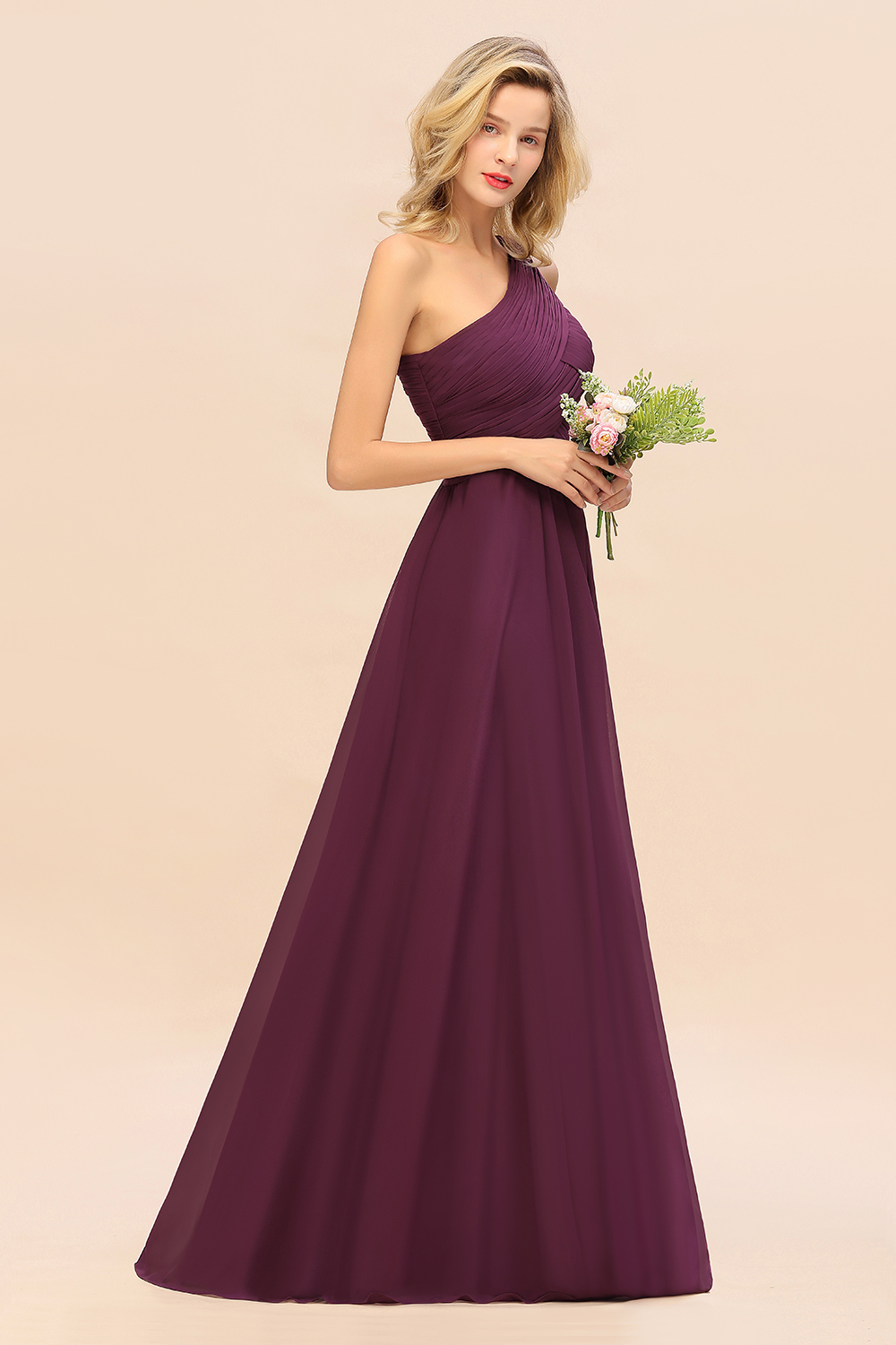 BMbridal Chic One Shoulder Ruffle Grape Chiffon Bridesmaid Dresses Online-BMbridal