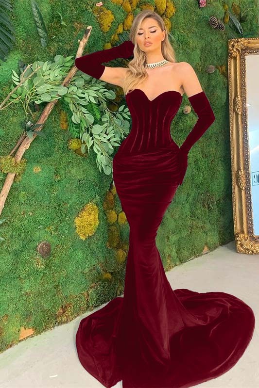 Black Velvet Sweetheart Strapless Long Mermaid Prom Dress With Long Gloves