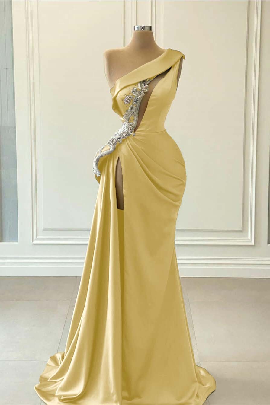 One Shoulder Sleeveless Blue High Split Long Mermaid Prom Dress With Beaded