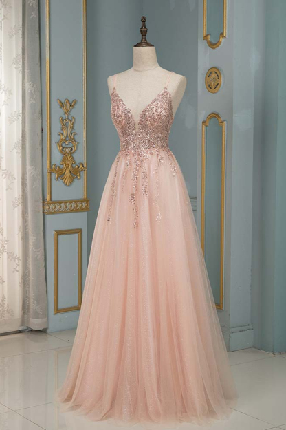 BMbridal Elegant Tulle Spaghetti Strap V-Neck Pink Prom Dress with Beading Appliques