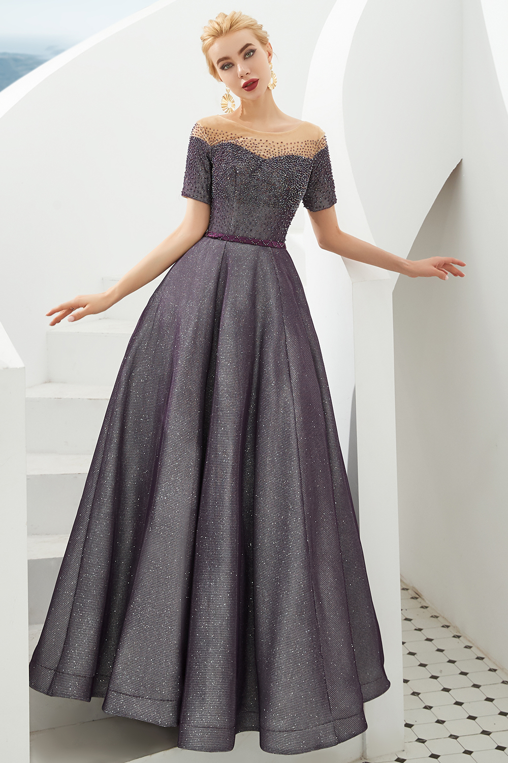BMbridal Off-the-Shoulder Short Sleeve Beadings Prom Dress Long Lace-up Evening Gowns