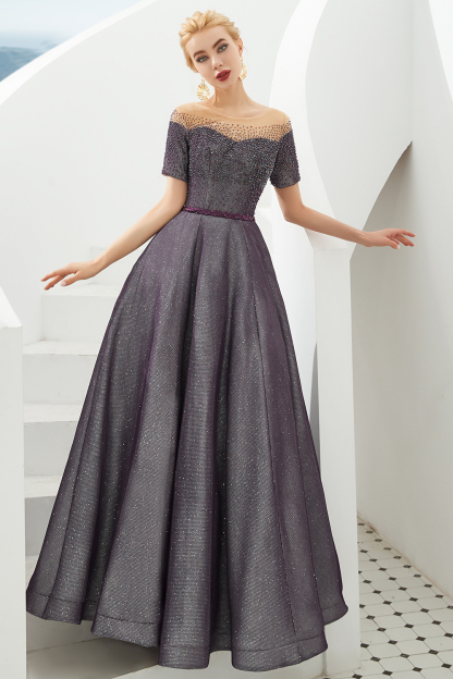 BMbridal Off-the-Shoulder Short Sleeve Beadings Prom Dress Long Lace-up Evening Gowns