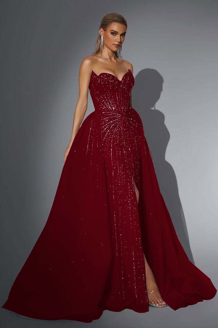 Strapless Sleeveless Long Mermaid Prom Dress With Split Sequins