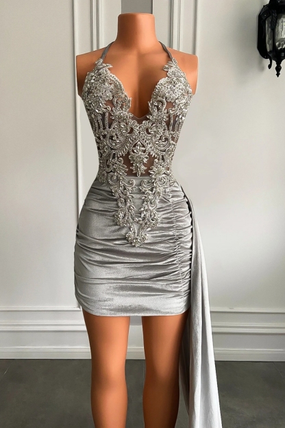 Gorgeous Halter V-Neck Sleeveless Short Sheath Lace Satin Prom Dresses with Train