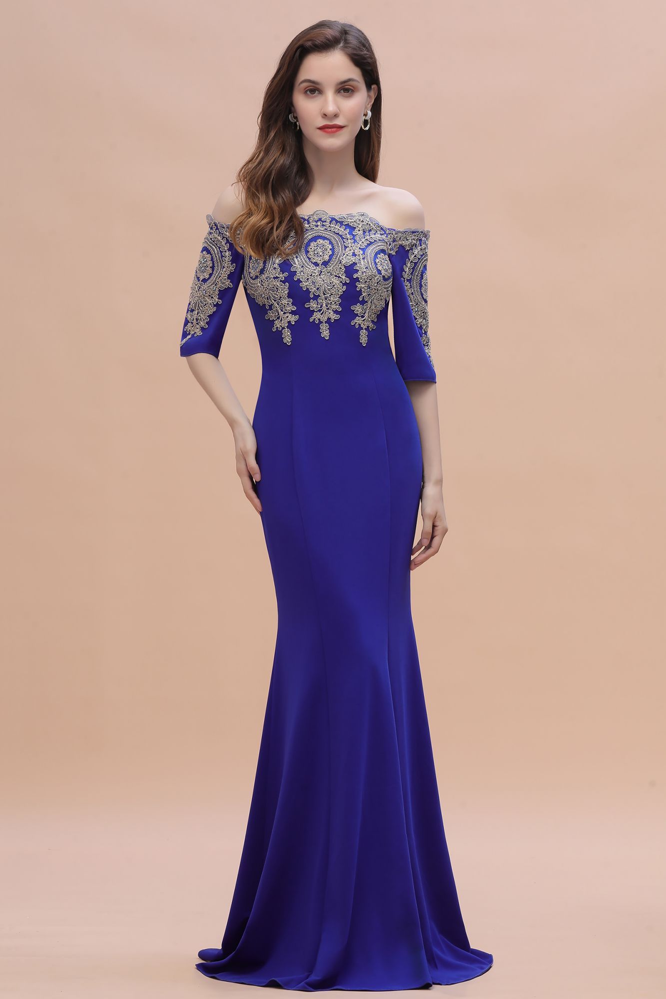 BMbridal Mermaid Off-Shoulder Chiffon Lace Half Sleeve Evening Dress