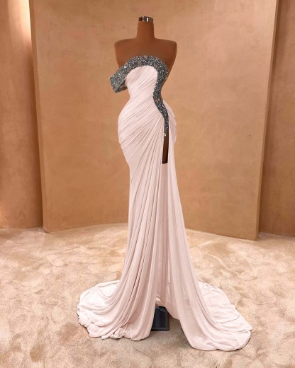 One Shoulder Sleeveless Long Split Prom Dress With Pleated Sequins