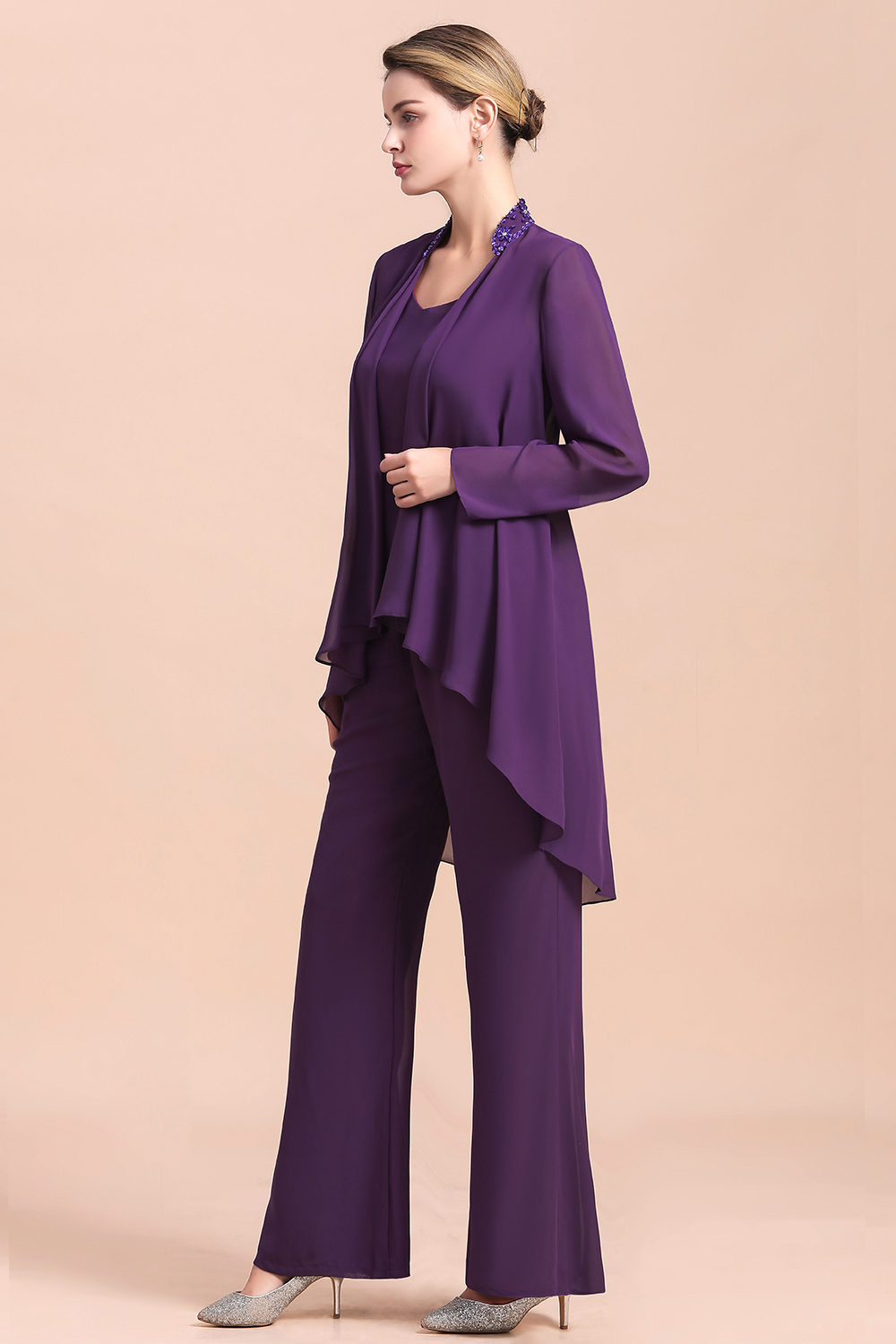 BMbridal Affordable Straps Beading Grape Chiffon Mother of Bride Jumpsuit Online with Wrap-BMbridal