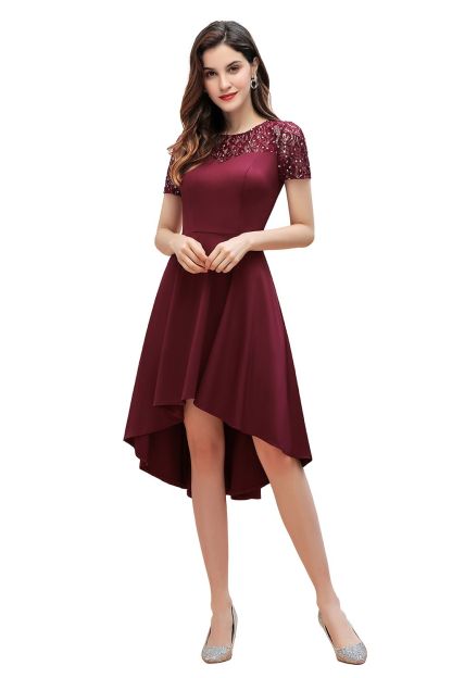 BMbridal Lovely Jewel Satin Sequins Bridesmaid Dress Short Sleeve Burgundy Cocktail Dress