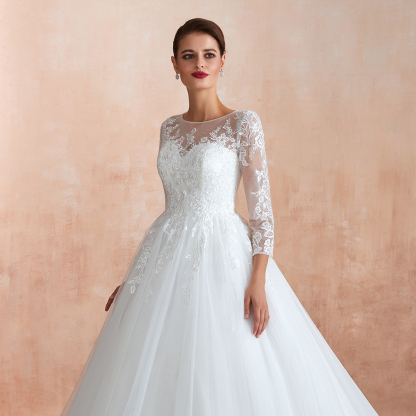 BMbridal Affordable Lace Jewel White Tulle Wedding Dresses with 3/4 Sleeves