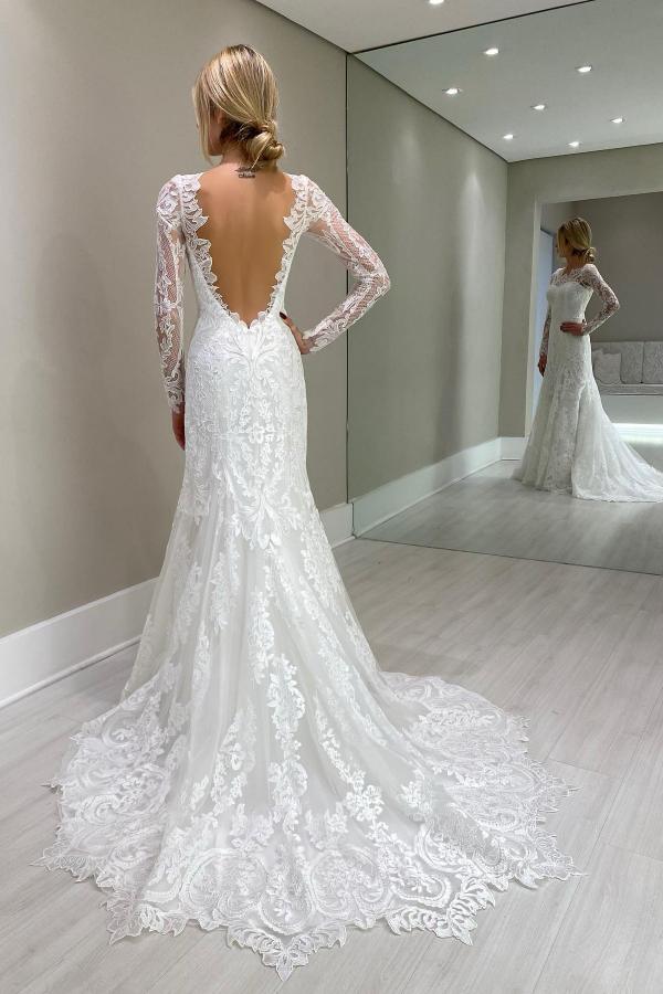 Gorgeous Mermaid White V-Neck Long Sleeves Lace Wedding Dresses with OPen Back-BMbridal
