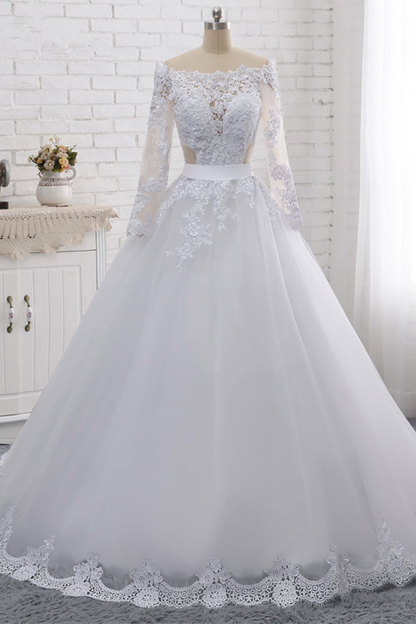 BMbridal Stylish Off-the-Shoulder Long Sleeves Wedding Dress Tulle Lace Appliques Bridal Gowns with Beadings On Sale-BMbridal