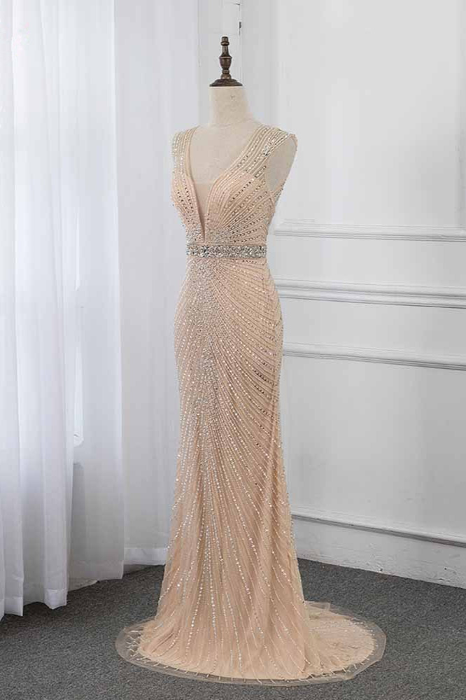 BMbridal Luxury V-Neck Beadings Mermaid Prom Dresses with Crystals On Sale
