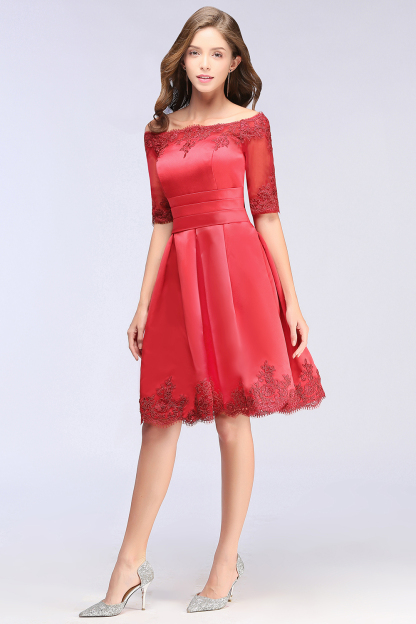 BMbridal Chic Half Sleeve Lace-up Off-shoulder Lace Appliques Short Prom Dress
