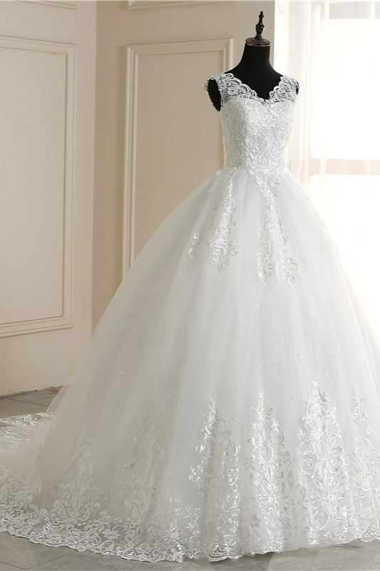 BMbridal Elegant V-Neck Tull Lace White Wedding Dress Sleeveless Appliques Bridal Gowns On Sale
