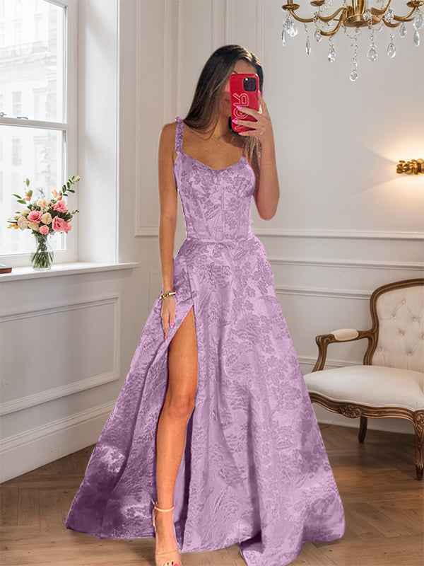 Hot Pink A Line Floral Long Prom Dress with High Slit