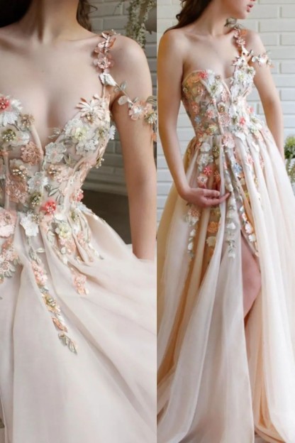 Bmbridal Fairy Flowers Applique Prom Dress Champagne Tulle With Slit