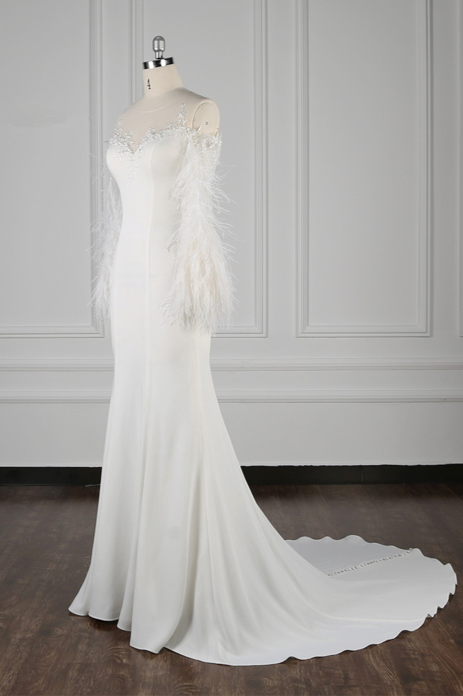 BMbridal Chic Jewel Sleeveless White Chiffon Wedding Dress Mermaid Appliques Bridal Gowns with Fur Onsale-BMbridal