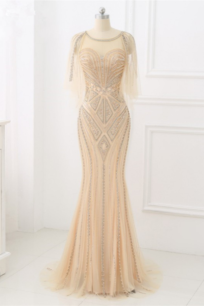 BMbridal Elegant Tulle Jewel Beadings Mermaid Prom Dresses with Ruffles Online