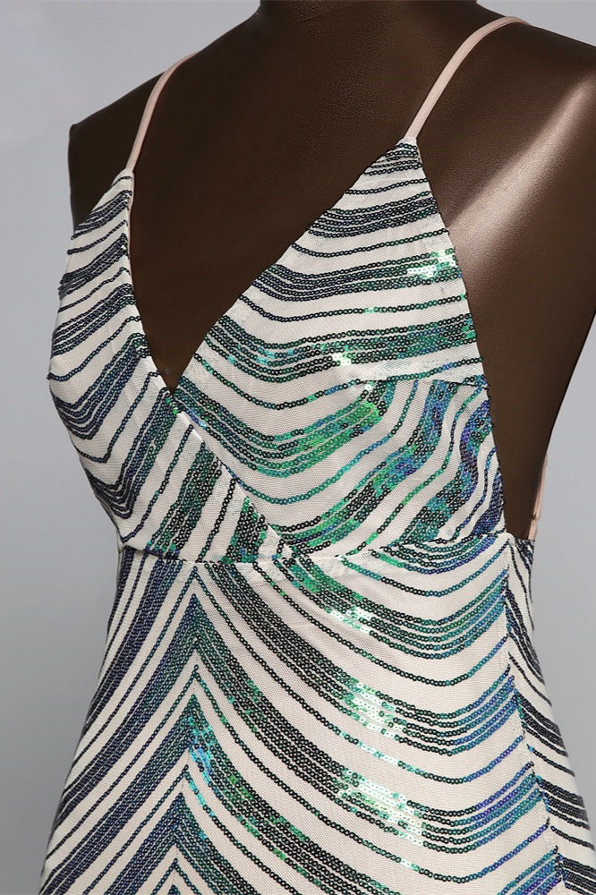 BMbridal Sparkly Stripe Sequins Mermaid Long Prom Dresses with Spaghetti Straps