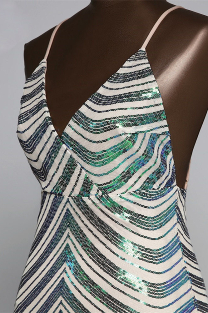 BMbridal Sparkly Stripe Sequins Mermaid Long Prom Dresses with Spaghetti Straps