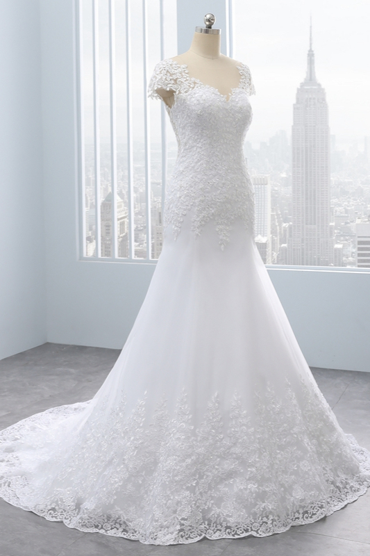 BMbridal Chic Jewel Mermaid Tulle Lace Wedding Dress Short-Sleeves Beadings Appliques Bridal Gowns On Sale-BMbridal