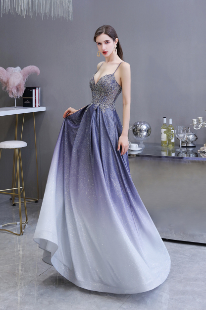 BMbridal Elegant Spaghetti Straps Ombre Prom Dress Long With Appliques Beads