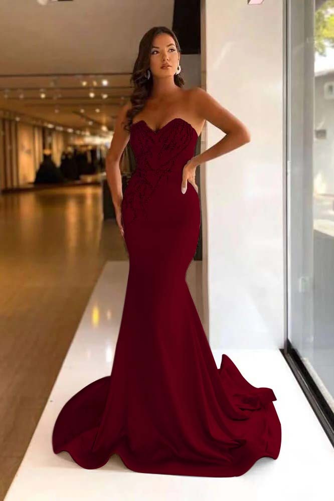 Pretty Strapless Sweetheart Sleeveless Long Mermaid Prom Dress With Beadings