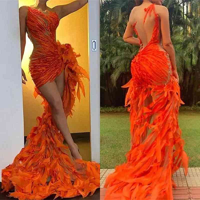 Bmbridal Orange Prom Dress Mermaid Tulle High-Lo Long