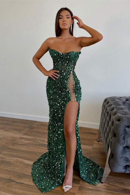 Amazing Dark Green Strapless Sleeveless Mermaid Prom Dress With Sequins