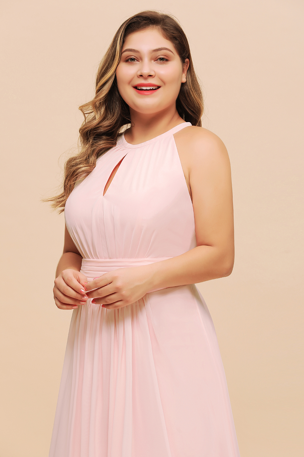 BMbridal Affordable Plus Size Chiffon Round Neck Pink Bridesmaid Dress-BMbridal