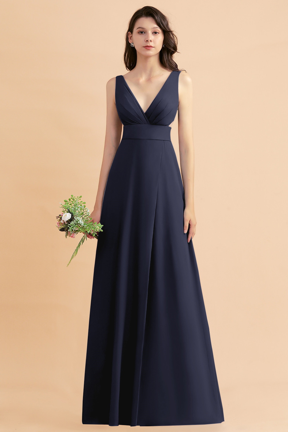 BMbridal A-Line Dusty Blue Chiffon Ruffles Bridesmaid Dress with Slit-BMbridal