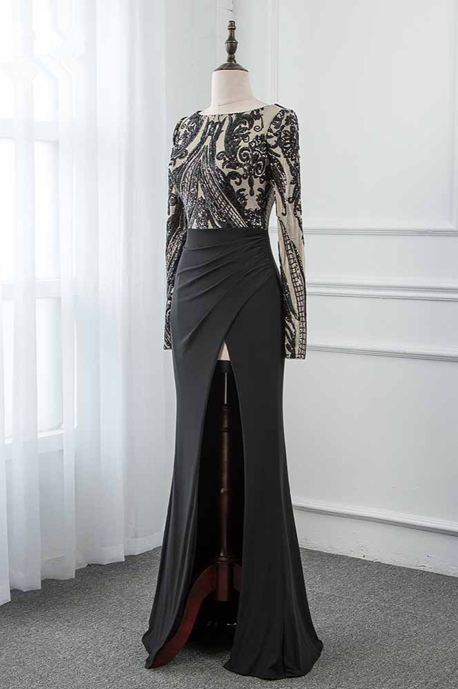 BMbridal Stylish Jewel Long-Sleeves Appliques Prom Dresses with Front Slit
