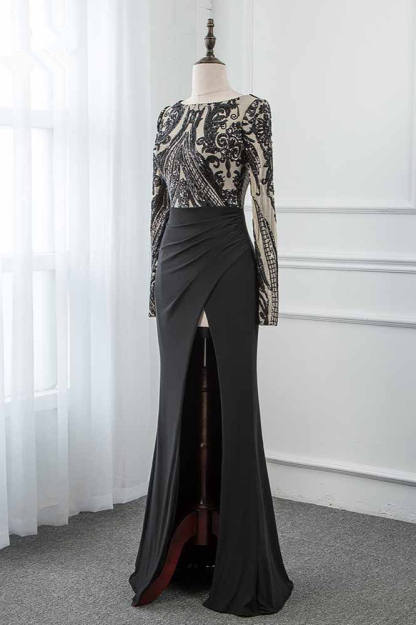 BMbridal Stylish Jewel Long-Sleeves Appliques Prom Dresses with Front Slit