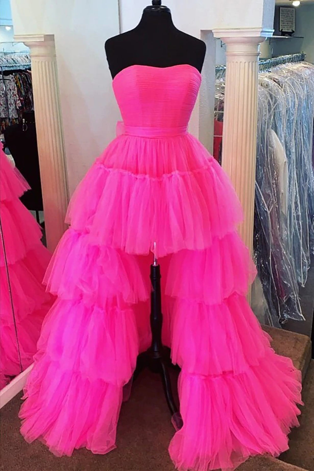 Stylish High Low Strapless Fuchsia Prom Dress with Ruffles-BMbridal